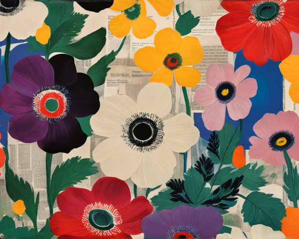 Vibrant Floral Composition with Newspaper Backdrop