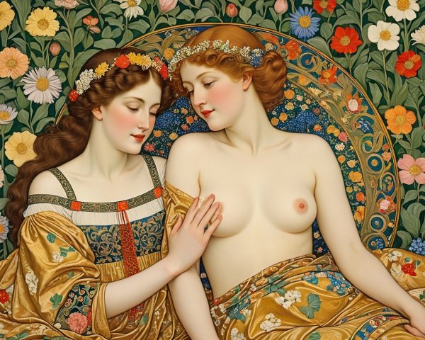 Women in a Lush Garden with Vibrant Flowers and Gold