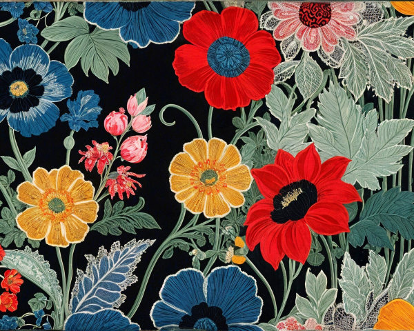 Vibrant Floral Pattern on Black Background