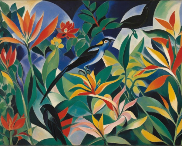 Vibrant Tropical Scene with Colorful Foliage and Bird