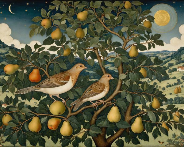 Birds on Pear Tree in Medieval Art Landscape