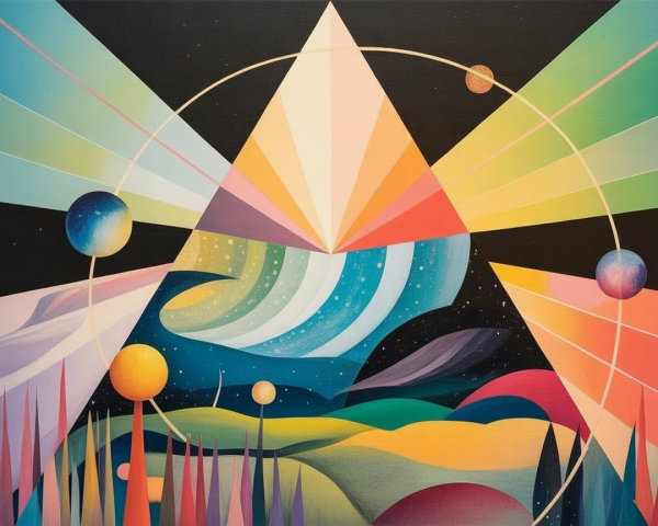 Vibrant Abstract Landscape with Central Pyramid and Cosmos