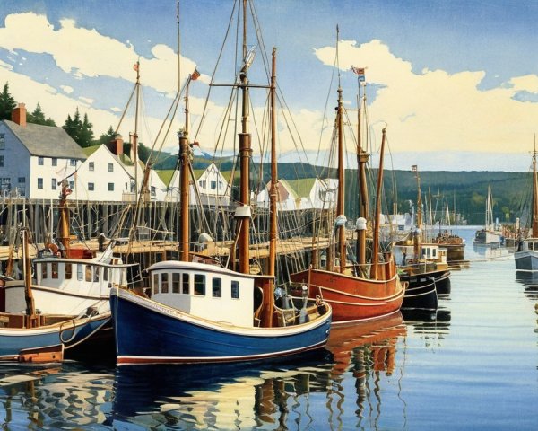 Colorful Fishing Boats in a Serene Harbor Scene