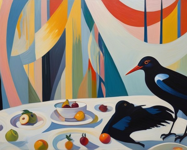Vibrant Still Life with Black Birds and Fruit Display