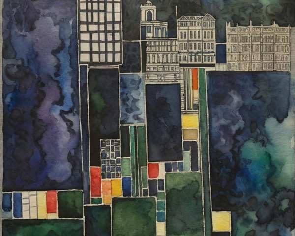 Vibrant Abstract Watercolor Cityscape with Geometry