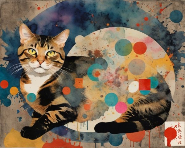 Tabby Cat Against Vibrant Abstract Background Art