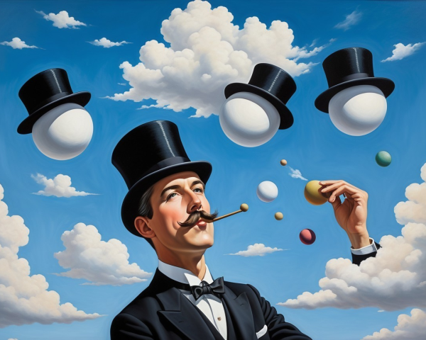 Surreal Oil Painting of Man with Floating Spheres