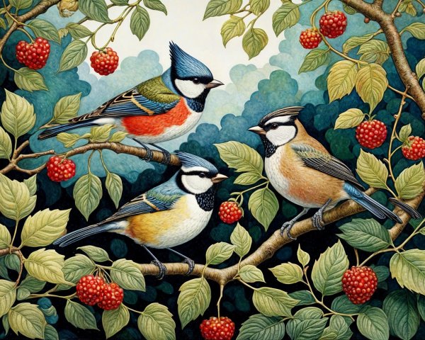 Colorful Birds on Branches with Red Berries and Leaves
