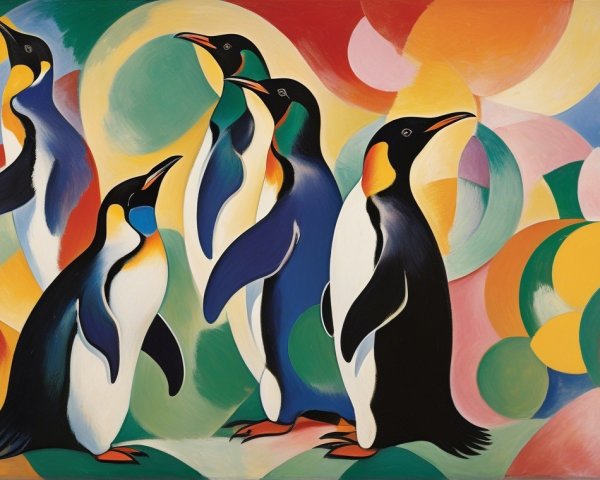 Abstract Artwork of Colorful Penguins with Geometric Background