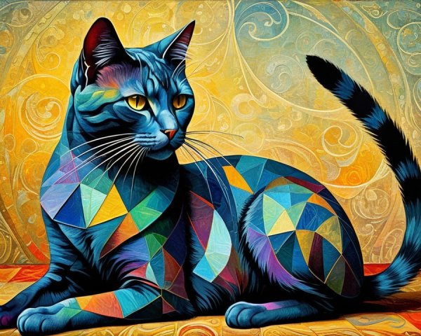 Geometric Cat Against Colorful Swirling Background