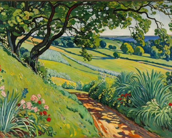 Vibrant Landscape with Winding Path and Wildflowers