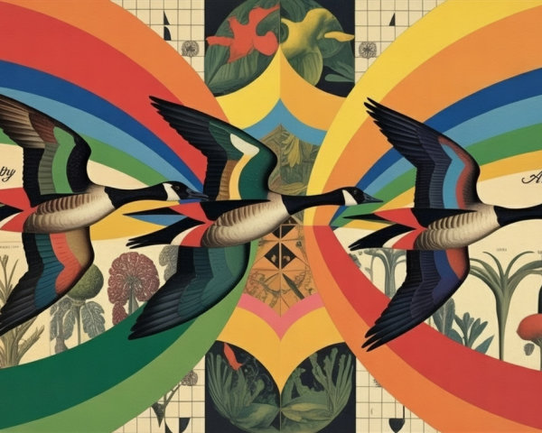 Stylized Illustration of Ducks with Rainbow Background