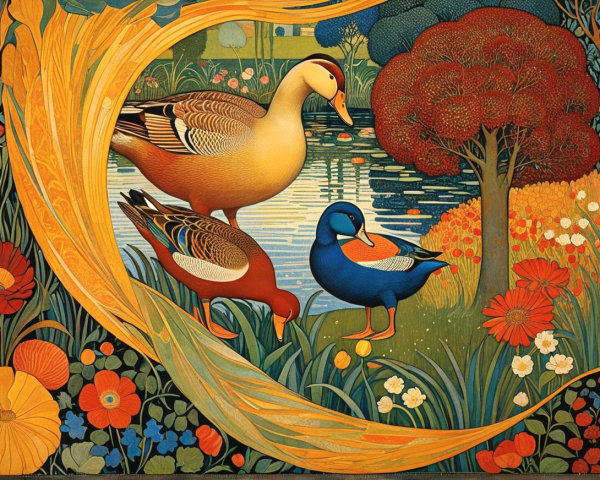 Three Ducks in a Colorful, Lush Landscape Scene