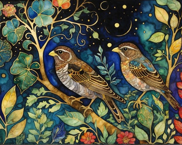 Detailed Birds on Branch Amidst Vibrant Foliage and Sky
