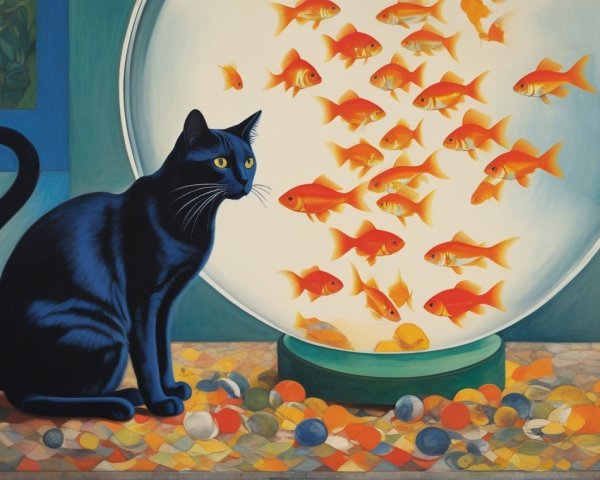 Black Cat and Goldfish in Colorful Setting