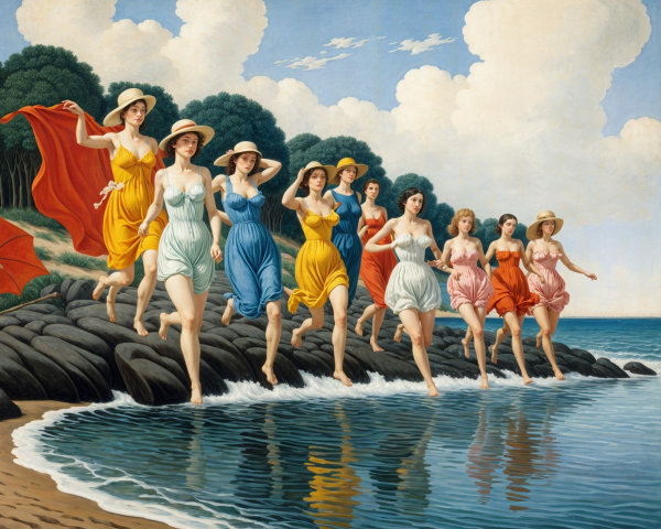 Women in Colorful Dresses Running on Rocky Shoreline