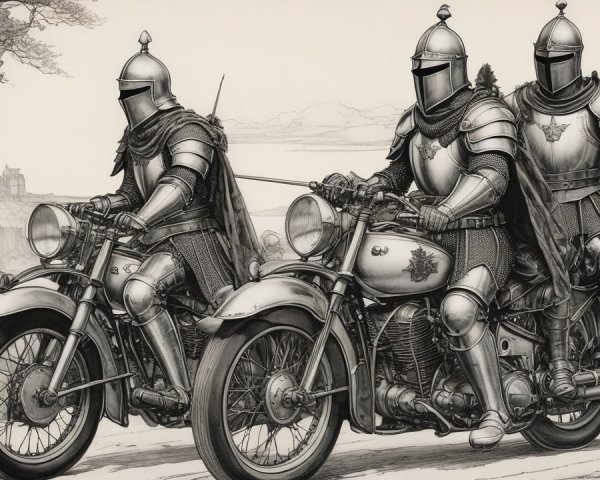 Medieval Knights Riding Vintage Motorcycles on Scenic Road
