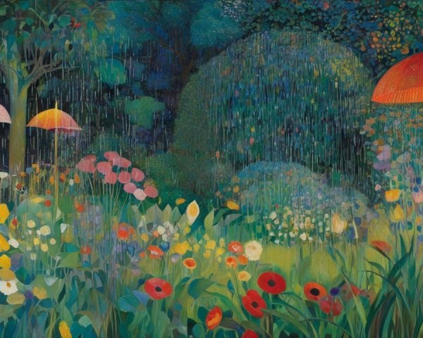 Colorful Flower Garden with Umbrellas and Greenery