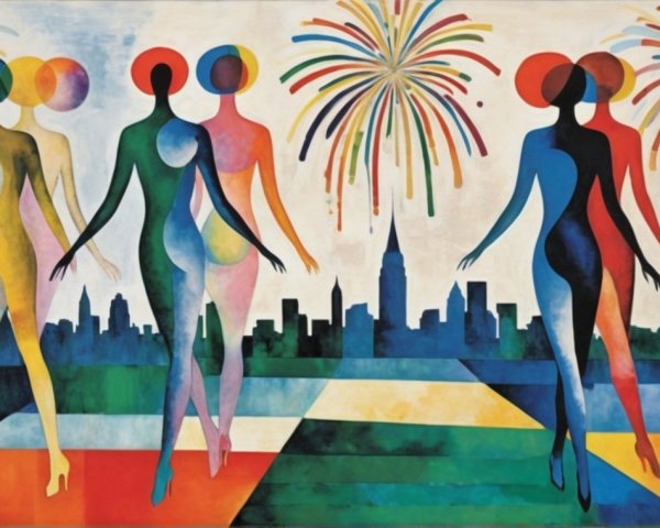 Abstract Figures with City Skyline and Fireworks