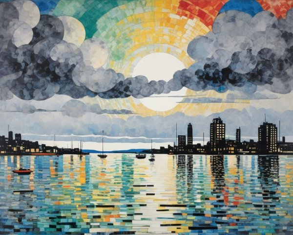 Vibrant Sunset Over City Skyline with Water Reflection