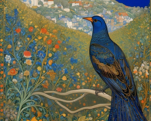 Blue Bird on Branch in Lush Twilight Landscape Illustration