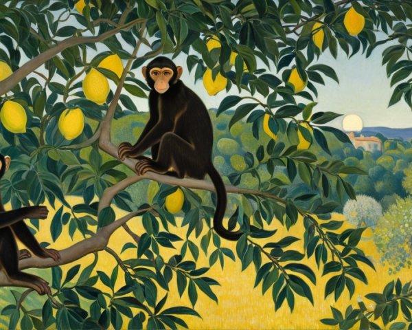 Playful Monkeys on a Branch with Lemon Tree Background