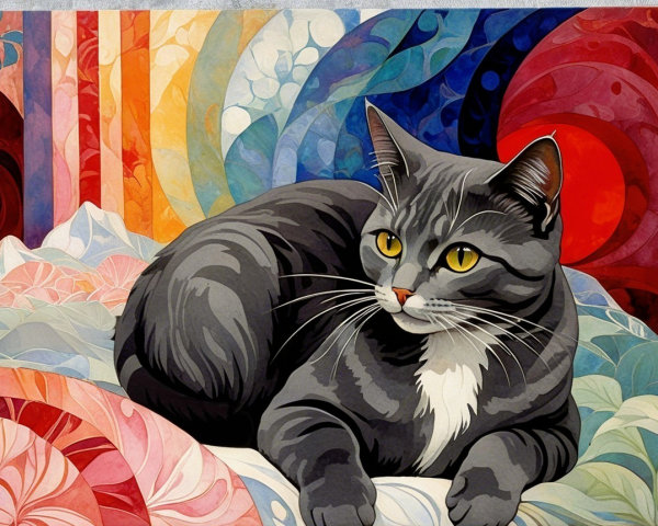 Gray Cat Against Vibrant Swirling Color Background