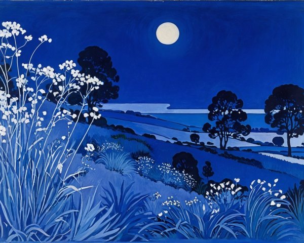Serene Night Landscape with Moonlit Hills and Shoreline