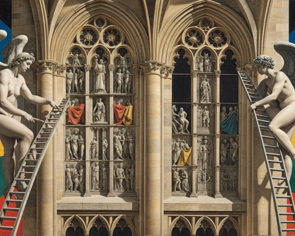 Angels Framing a Grand Window with Sculpted Figures