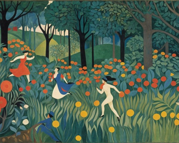 Dancing Figures Amidst Colorful Blossoms and Trees