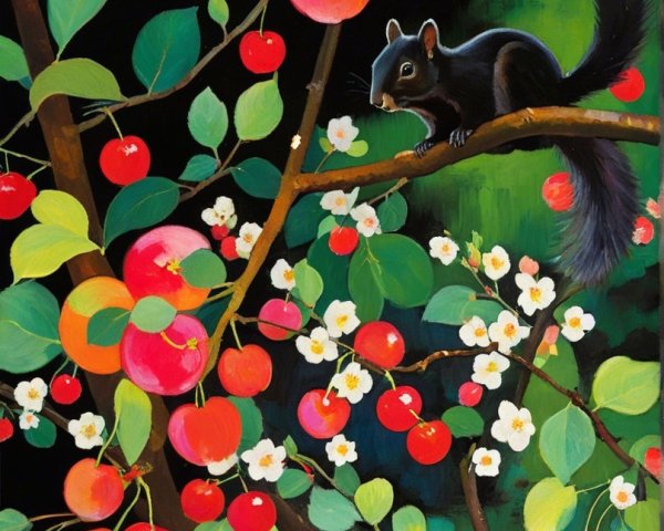Vibrant Painting of a Black Squirrel and Apples