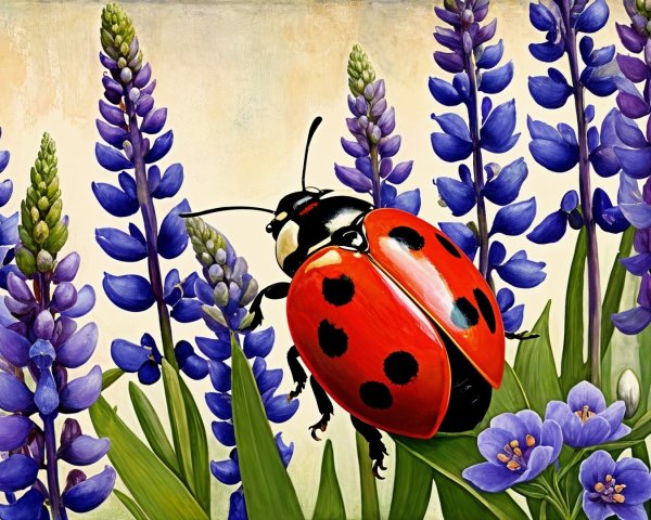 Vibrant Ladybug Among Lush Green Foliage and Lupines