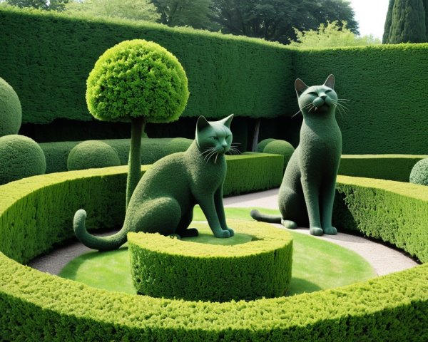 Oversized topiary cats in a manicured garden setting