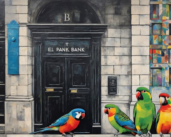 Whimsical Oil Painting of Parrots by a Dark Door