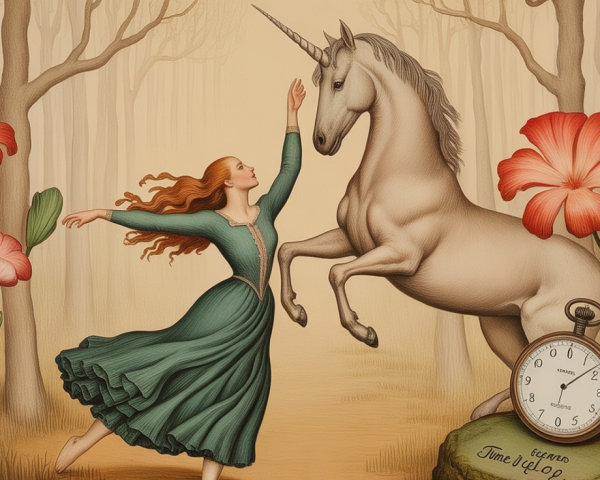 Whimsical forest scene with a dancing woman and unicorn