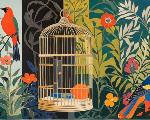 Tropical Scene with Colorful Birds and Foliage