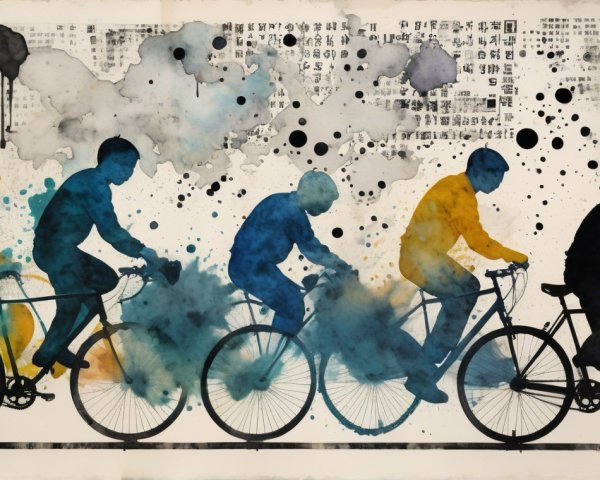 Watercolor Artwork of Cyclists in Motion with Abstract Background