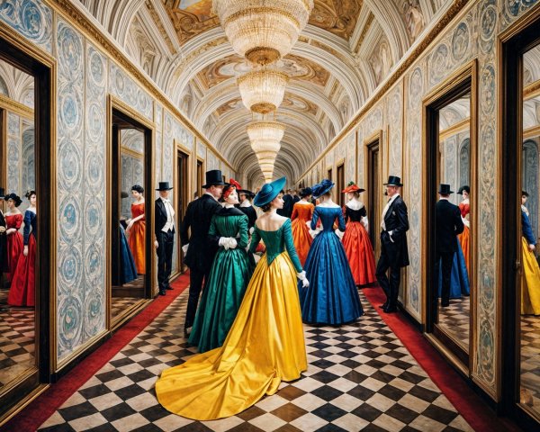 Elegant Hallway with Historical Attire and Chandeliers