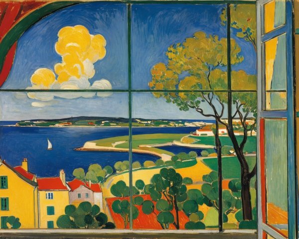 Vibrant Seaside View with Trees and Sailboat