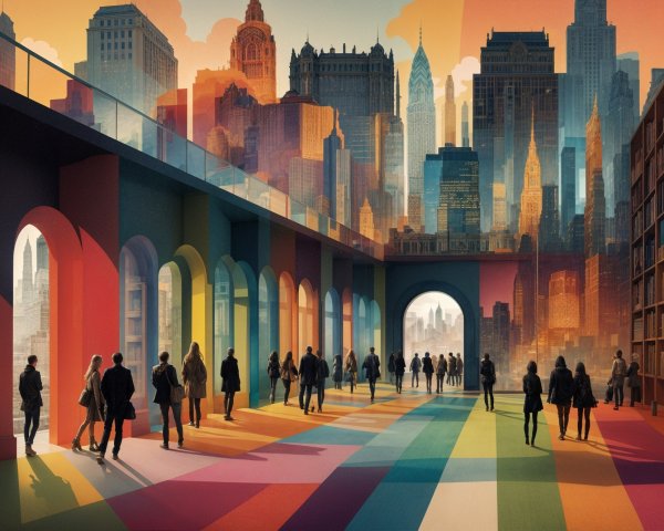Colorful Cityscape with Skyscrapers and Archway