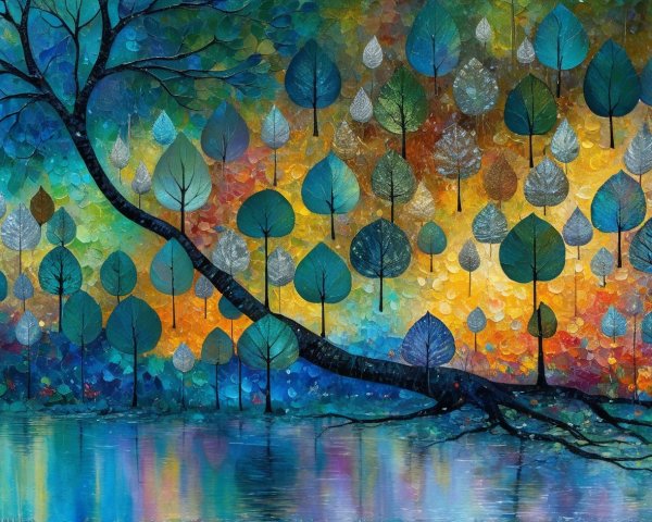 Vibrant Surreal Landscape with Colorful Tree Branch