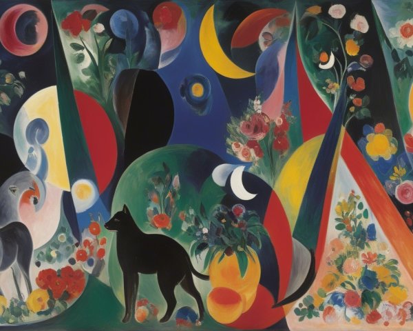 Vibrant Abstract Scene with Floral Motifs and Animals