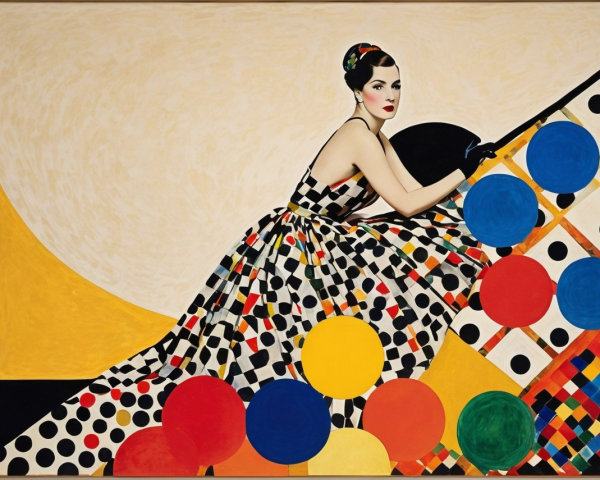 Glamorous Woman in Polka-Dotted Gown on Colorful Staircase