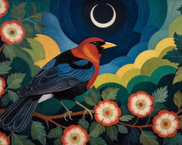 Vibrant Folk Art of a Bird on a Leafy Branch