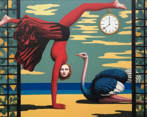 Surreal Beach Scene with Woman, Ostrich, and Clock