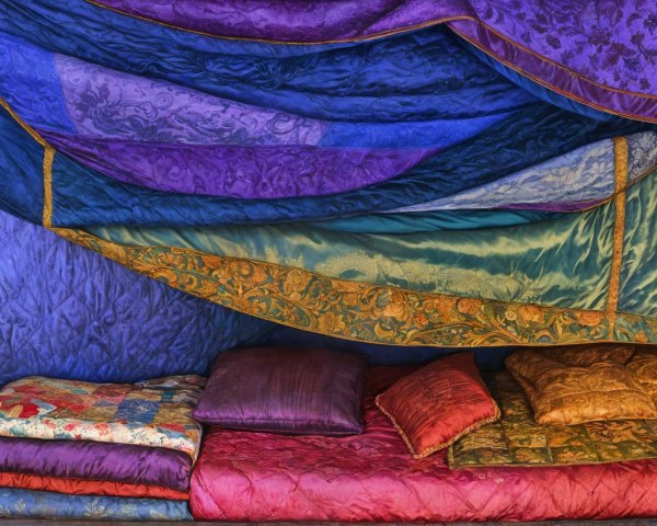 Cozy Nook with Vibrant Fabrics and Plush Textures