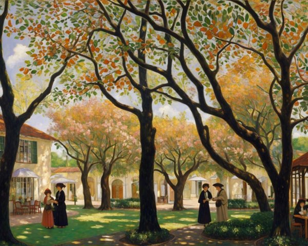 Tranquil courtyard with autumn foliage and elegant women