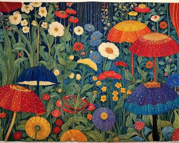 Whimsical Garden Tapestry with Colorful Mushrooms