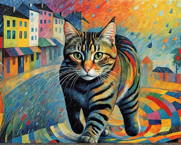 Colorful Painting of Bold Striped Cat in Whimsical Setting