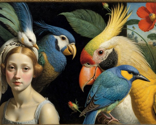 Young girl with birds in a vibrant nature scene